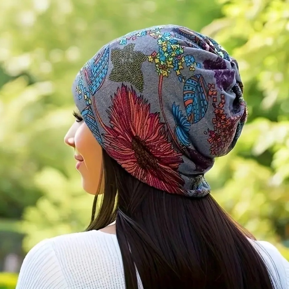 Bohemian Flower Print Versatile Slouchy Beanie Scarf - Picture 2 of 9